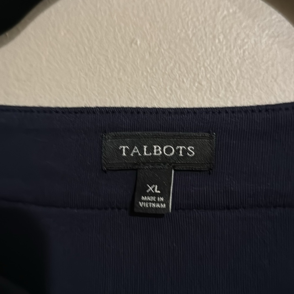 Talbots Dress XL Large Navy Blue Cream Trim Cotton 3/4 sleeves Casual Dress - Picture 4 of 8